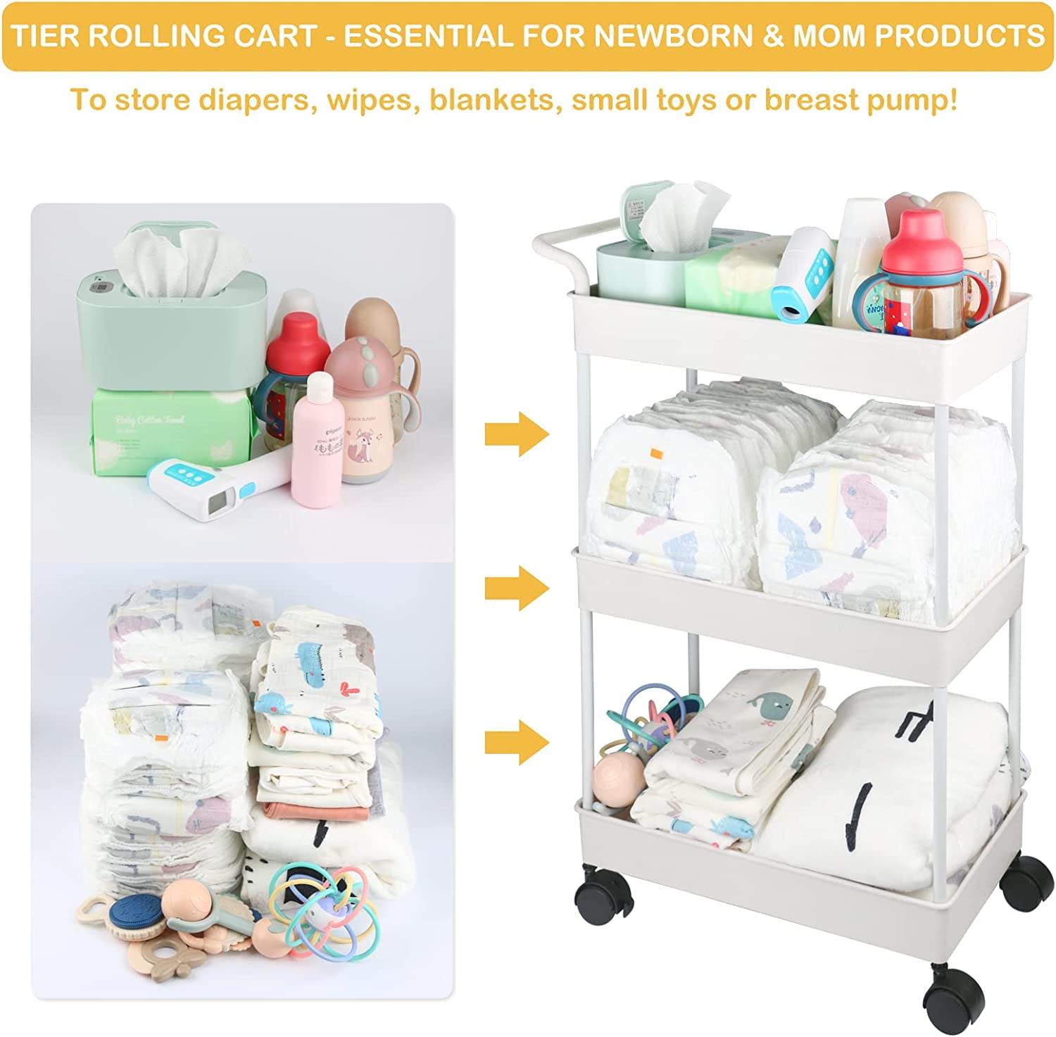 Diaper Caddy, Plastic Movable Cart for Newborn Nursery Essentials Diaper Storage Organizer with 3-Tier Design