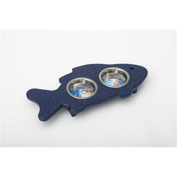 Spotts Dog Feeders 90FPTB 1.5 Pint 2.25 in. High Double Poly Wood Fish Shaped Cat Bowl with 2 Stainless Steel Bowls, Patriot Blue