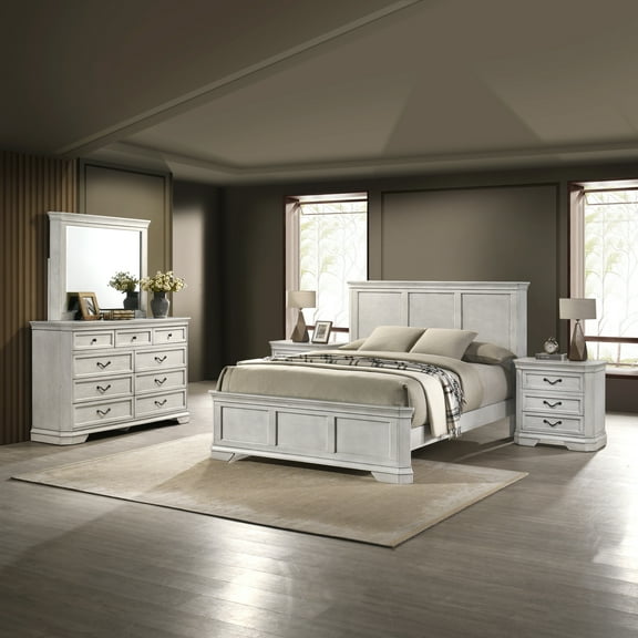 Roundhill Furniture Maderne Wood Panel Bed with Dresser, Mirror, Two Nightstands, King, Antique White Finish