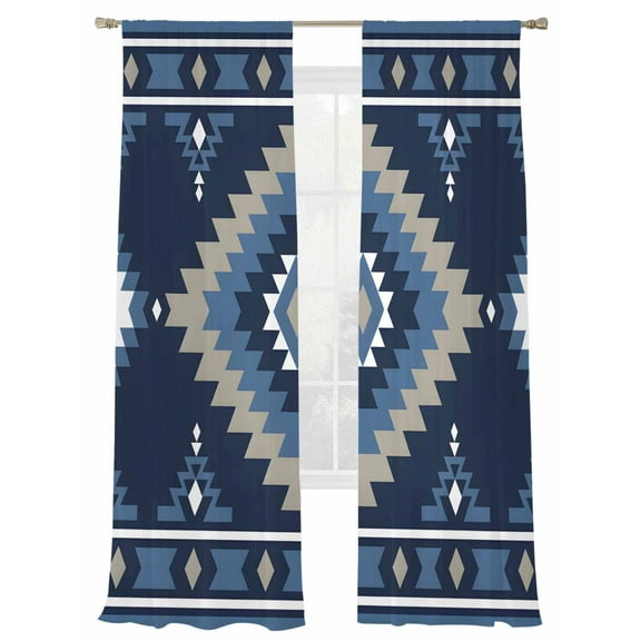 Blue Tribal Geometric Sheer Curtains 84 inches Long, Bohemian Vintage Native Abstract Light Filtering Sheer Window Curtains Rod Pocket Voile Drapes for Bedroom Living Room, 2 Panels 52"W x 84"L