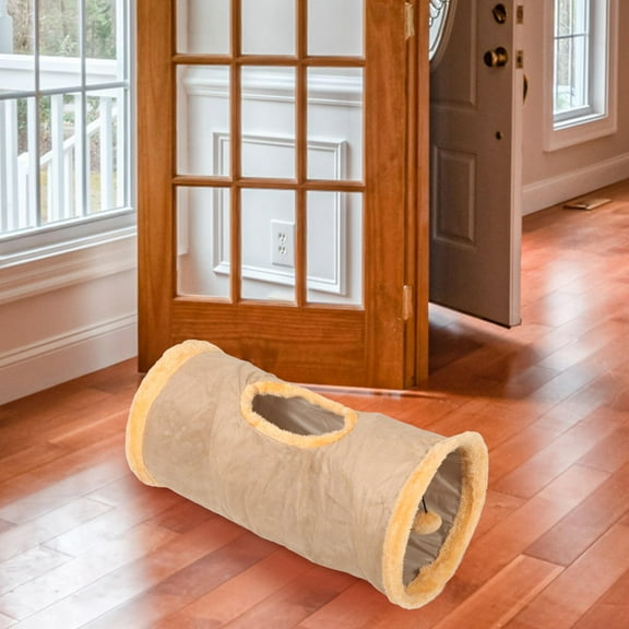Raindrops Foldable Khaki Suede Cat Tunnel for Indoor Use with Barrel Shape and Soft Comfort