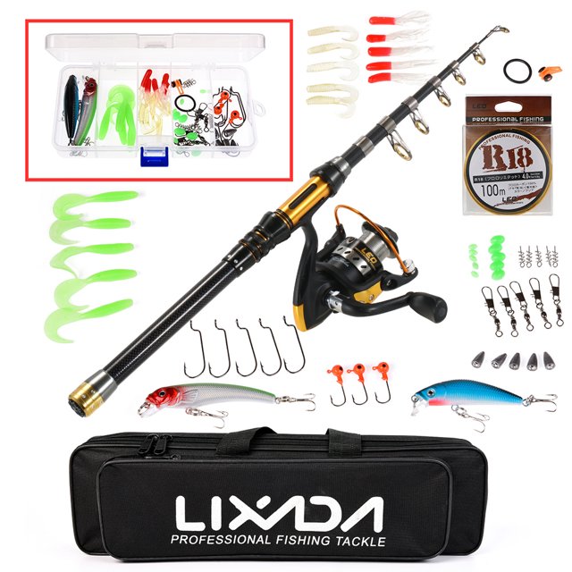 Kit Completo de Pesca Lixada: Caña Telescópica de 2.1m + Carrete Giratorio AE3000 + Accesorios Varios + Bolsa Ligera, Ideal para Principiantes y Expertos.