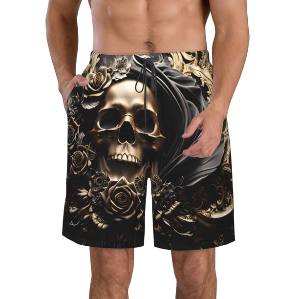 Fotbe Gold Rose Skull Trajes de Baño Estampados para Hombre, Shorts de Verano de Secado Rápido, Ropa de Playa, Bañadores-Small