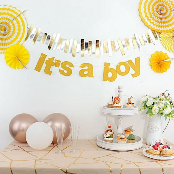BalsaCircle 3 feet Gold Glittered It's A Boy Paper Gender Reveal Hanging Party Garland Events Decorations