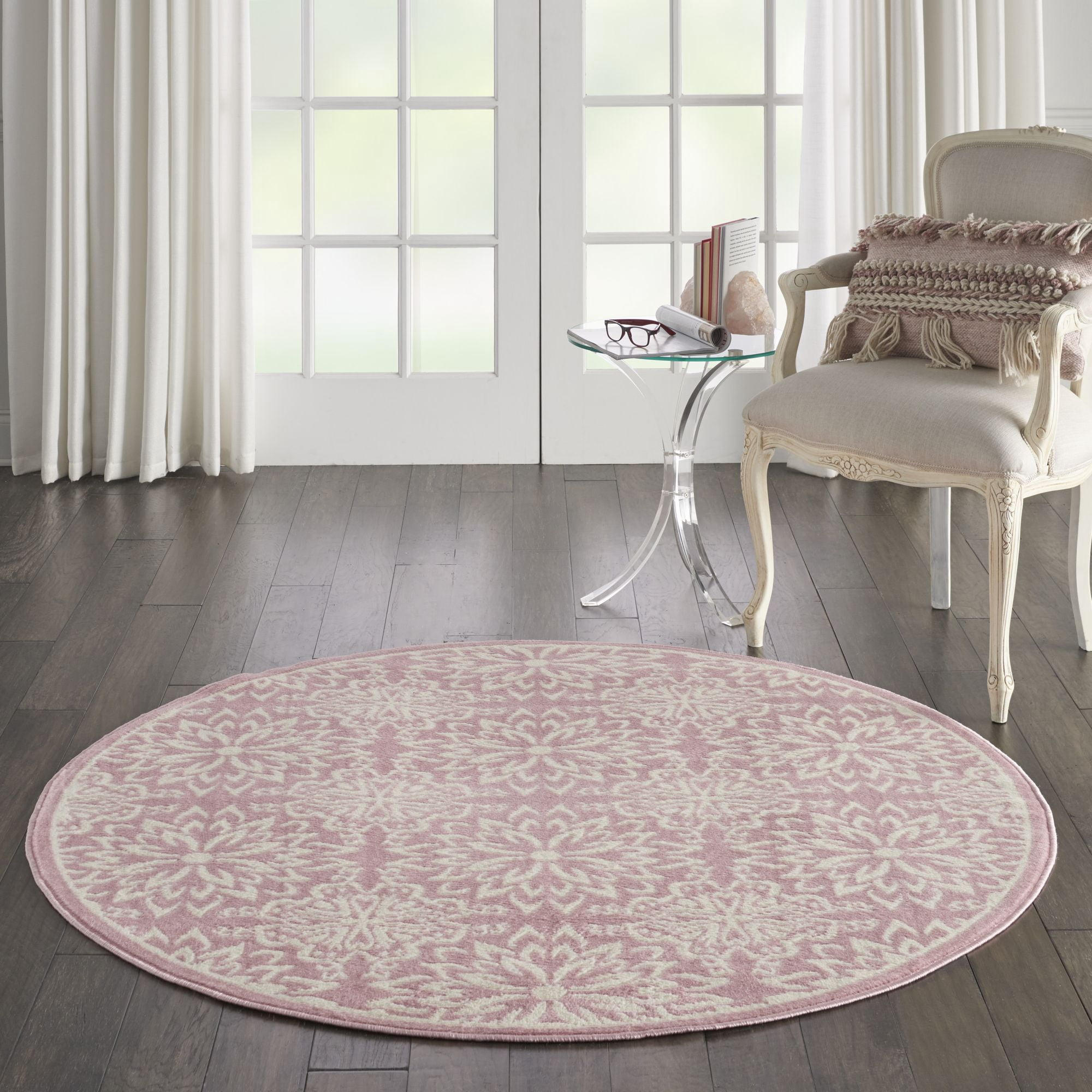 Nourison Jubilant Geometric Floral Ivory/Pink 5'3" x ROUND Area Rug, (5' Round)