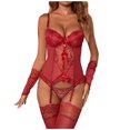 thumbnail image 1 of Gibobby Lencería sexy Lencería de malla con estampado de moda para mujer, conjunto de piezas, ropa interior Sexy con calcetines y guantes(Vino XXL), 1 of 5