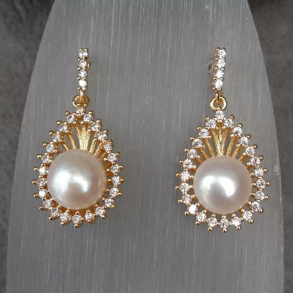 EOEMY Cultured White Pearl Cubic Zirconia Pave Teardrop Dangle Stud Earrings