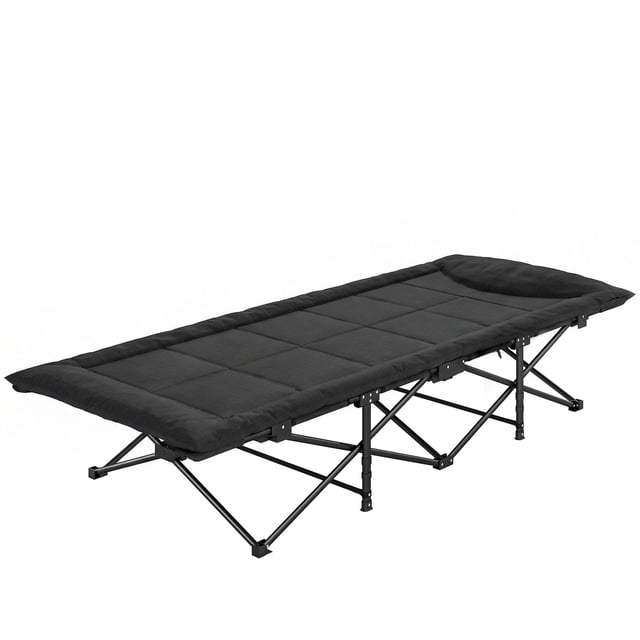 Folding Camping Cot for Adults, 78.7" x 31.5" Padded Outdoor Bed with Integrated Headrest, Heavy Duty Metal Frame, Water-Repellent Oxford Fabric, Black, for Camping and Patio
