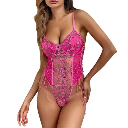 BLTIBY Womens Erotic Lingerie Pajamas Jumpsuits Sets Babydoll Dress Thong Lace Embroidered Sleepwear Thin Sheer Nightgowns Nightdress See-through Nightwear Hot Pink S