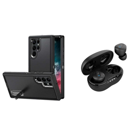 BD Tough Rugged Cover Designed for Samsung Galaxy S23 Case - (Black) Impact Resistant Hybrid Protector Stand Case with Noise-Cancelling Wireless Earbuds with Charging Case