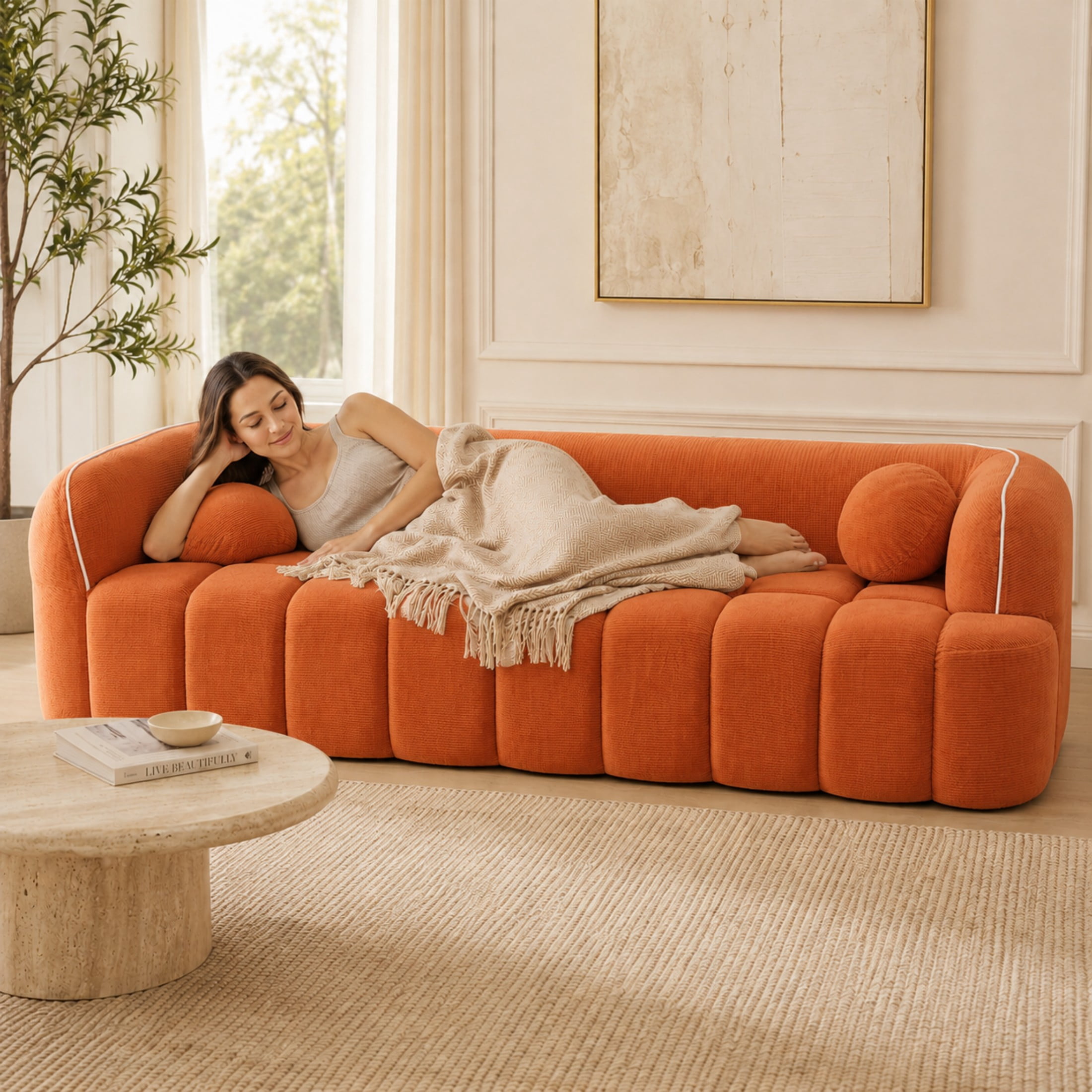 Aenkyo 99 Inch Corduroy Cloud Sofa Couch with Round Pillows, No Assembly, Orange