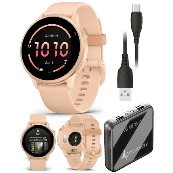Garmin Vivoactive 6 - Health & Wellness GPS Smartwatch, 1.2 in Bright AMOLED Display, Metallic Pink Dawn & Pink Dawn Band w/ Wearable4U White EarBuds Bundle
