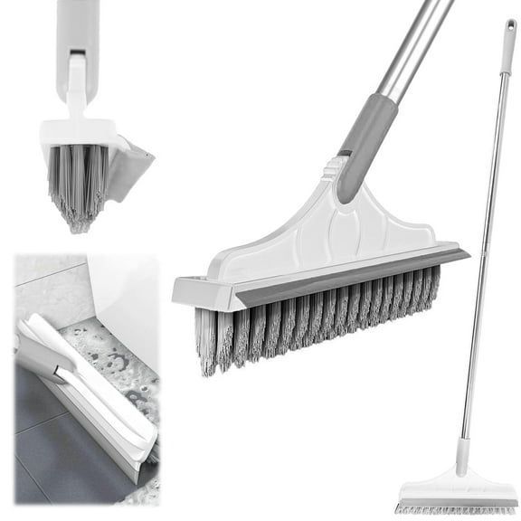 Grout Brush with Long Handle, 2 in 1 Floor Scrub Brush with Squeegee, 2 Poles 44'' Shower Scrubber Cleaner Swivel Stiff Bristle for Cleaning Baseboards Tile Floors Bathroom Wall