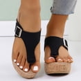 thumbnail image 2 of Rokment Womens Denim Cork Footbed Platform Flip Flops Trendy Casual Leather Buckles Wedge Slip on Thong Dress Backless Sandals Comfortable Walking Slippers Black Size 6.5, 2 of 5