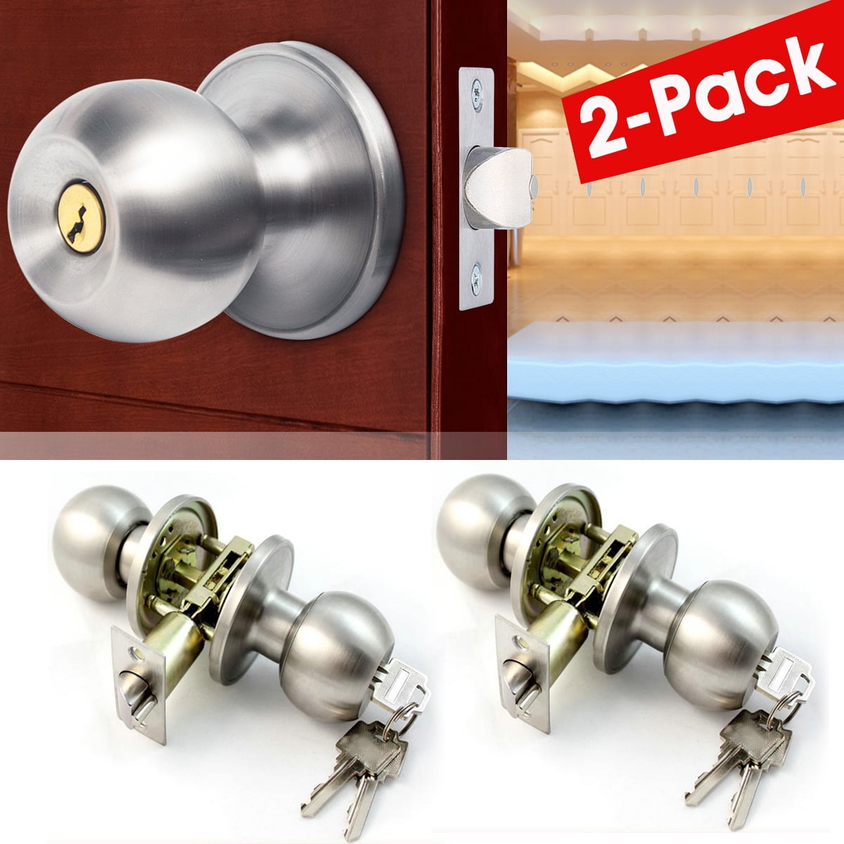 Round Door Knobs Handle Entrance Passage Lock W/ Key Set SILVER Stainless Steel 