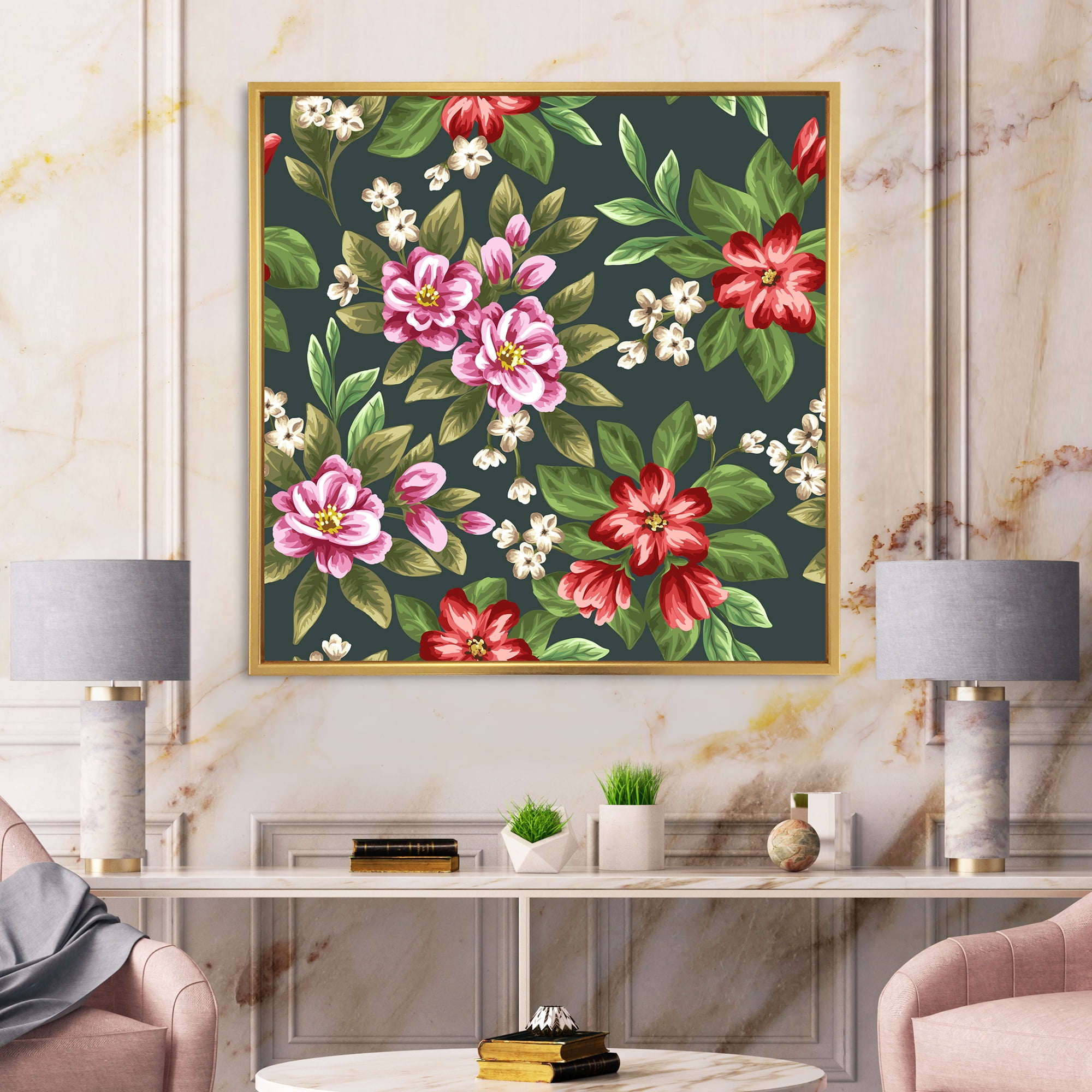 Designart 'Vintage Red and Pink Wildflowers I' Traditional Framed Canvas Wall Art Print