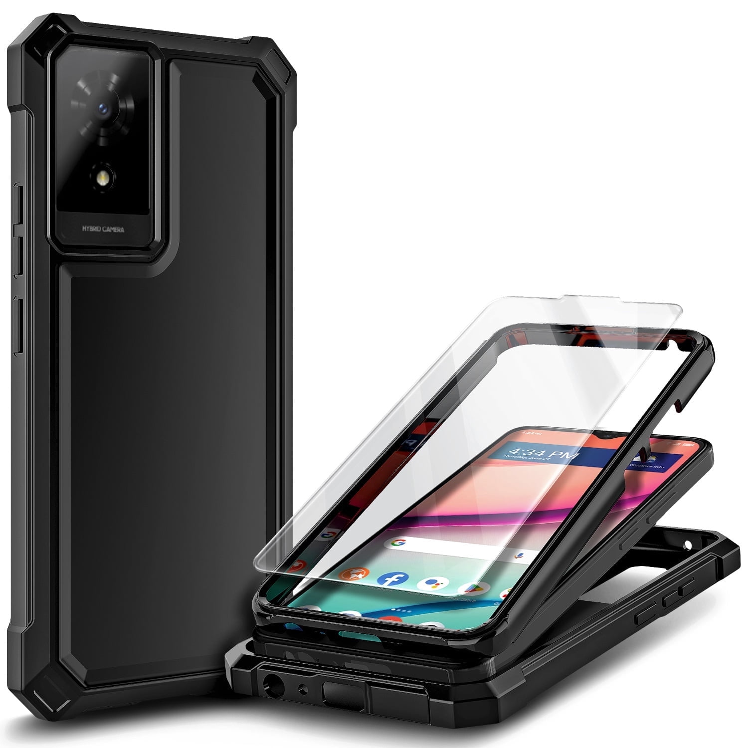 Nagebee For TCL K24 (T434D) Phone Case with Tempered Glass Screen Protector, Full-Body Protective Shockproof Rugged Bumper Impact Resist Durable Phone Cover (Black)