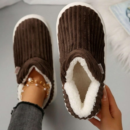 Women Slippers Striped Couple Cotton Shoes Warm Non-Slip Padded