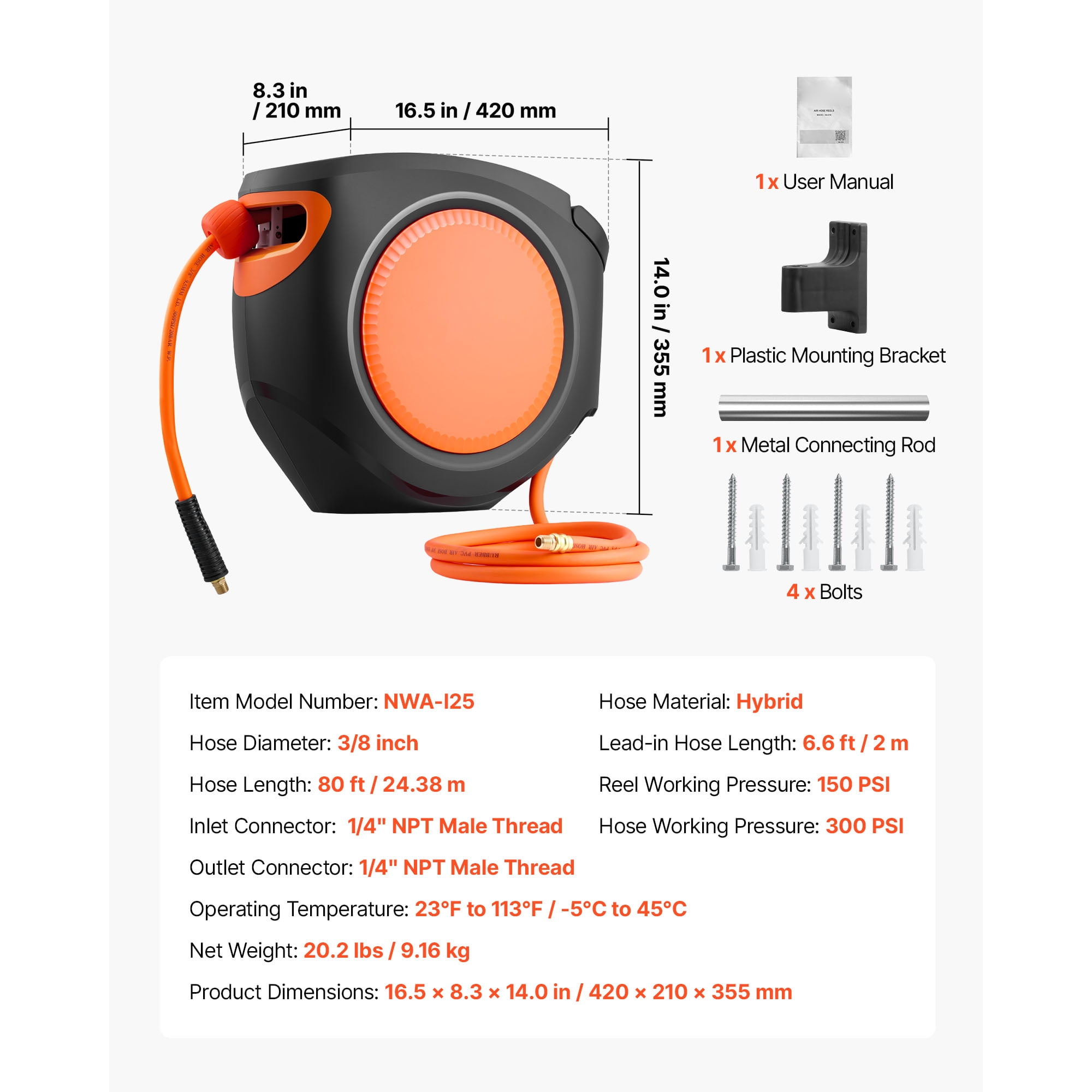 KFFKFF Retractable Air Hose Reel, 3/8 Inch x 80 FT Hybrid Hose, 300 PSI Capacity, Auto Rewind with 6.6 ft Lead-In, 180° Swivel Mount for Wall or Ceiling in Workshops