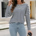 thumbnail image 2 of JIANJIA Tshirts For Women Striped Print Round Neck Long Sleeve Loose Casual Trendy Womens Tops T-Shirts Activewear,Blue,M, 2 of 6