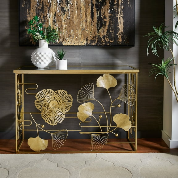 Weston Home Ditmas Gold Finish Peony and Ginkgo Console Table with Mirror Top