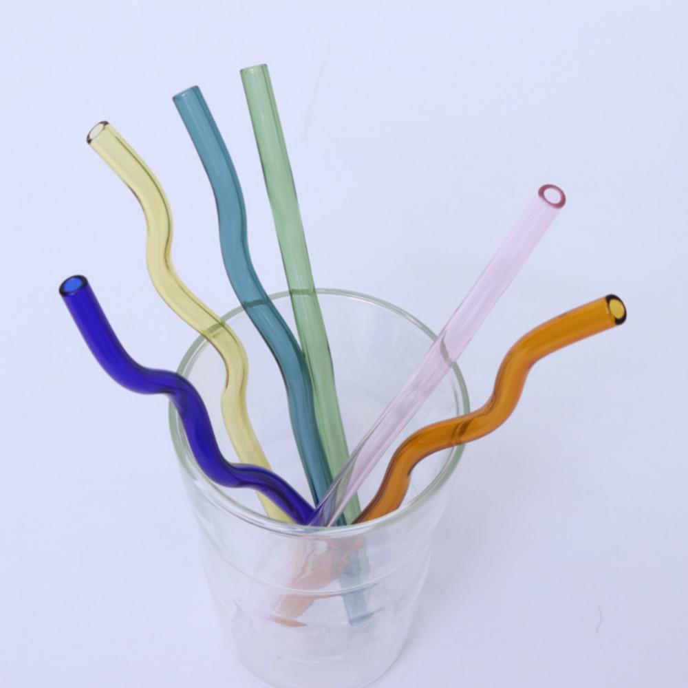 6 Pailles En Verre Réutilisables - Incurvées, Avec Brosses Nettoyage - Pour Smoothie, Jus, Thé