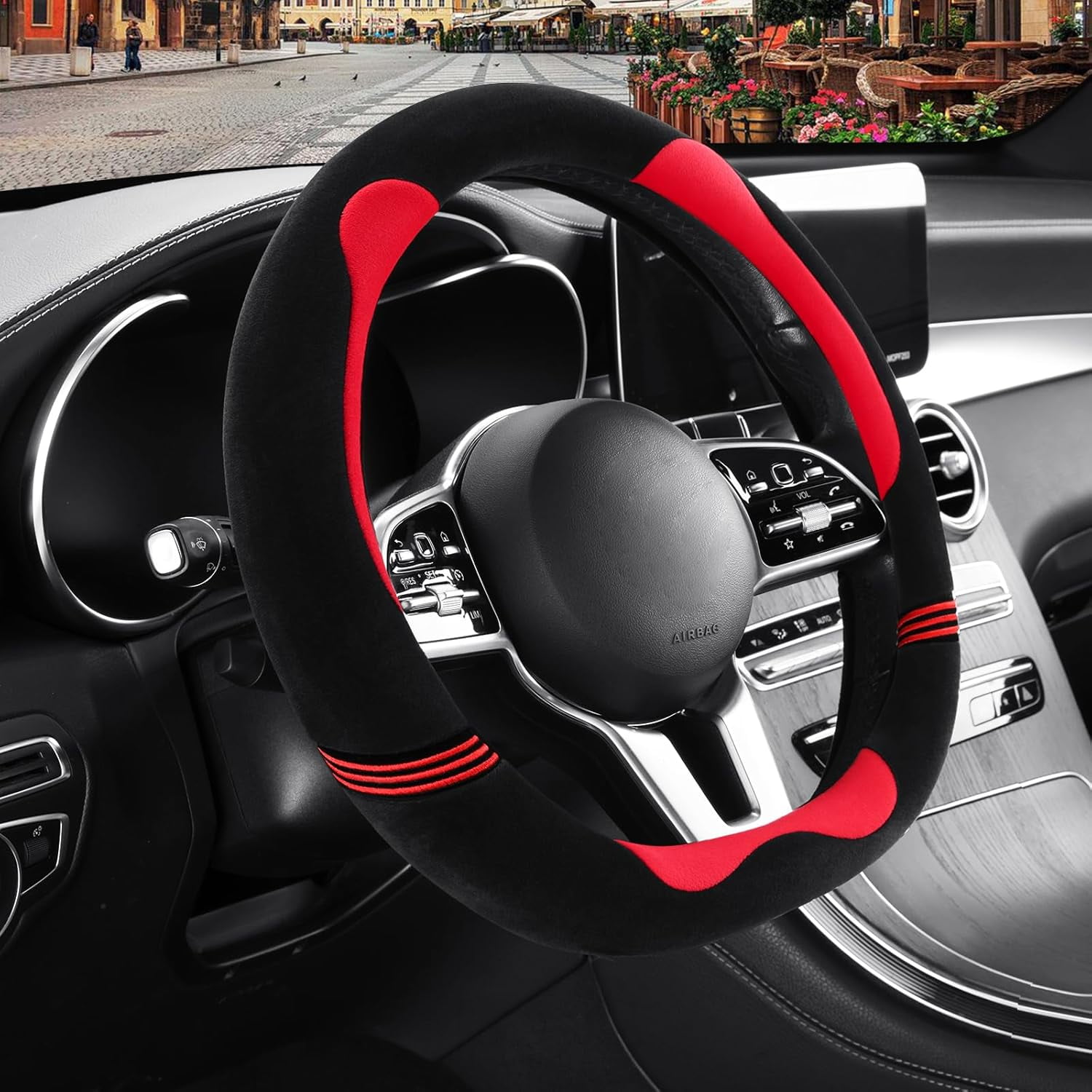 Furry Cute D Shaped Steering Wheel Cover, Soft Fluffy Short Plush Auto Accessories, Non-Slip Cold-Proof Sweat-Proof Colorfast, Universal 15 inch(Black with Red)
