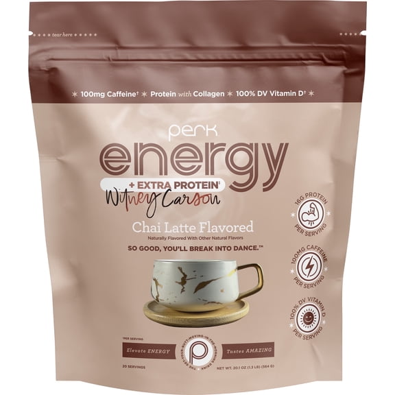 Perk Energy   Extra Protein Powder (1.3 LB) Chai Latte - Witney Carson Collaboration - 100mg of Caffeine, 16g of Protein with Collagen, 20 Servings