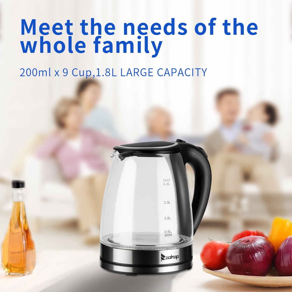 ZOKOP Electric Kettle, 1.8L Glass Kettle, 110V 1500W Fast Boiling, Electric Hot Water Kettle with Auto Shut-Off