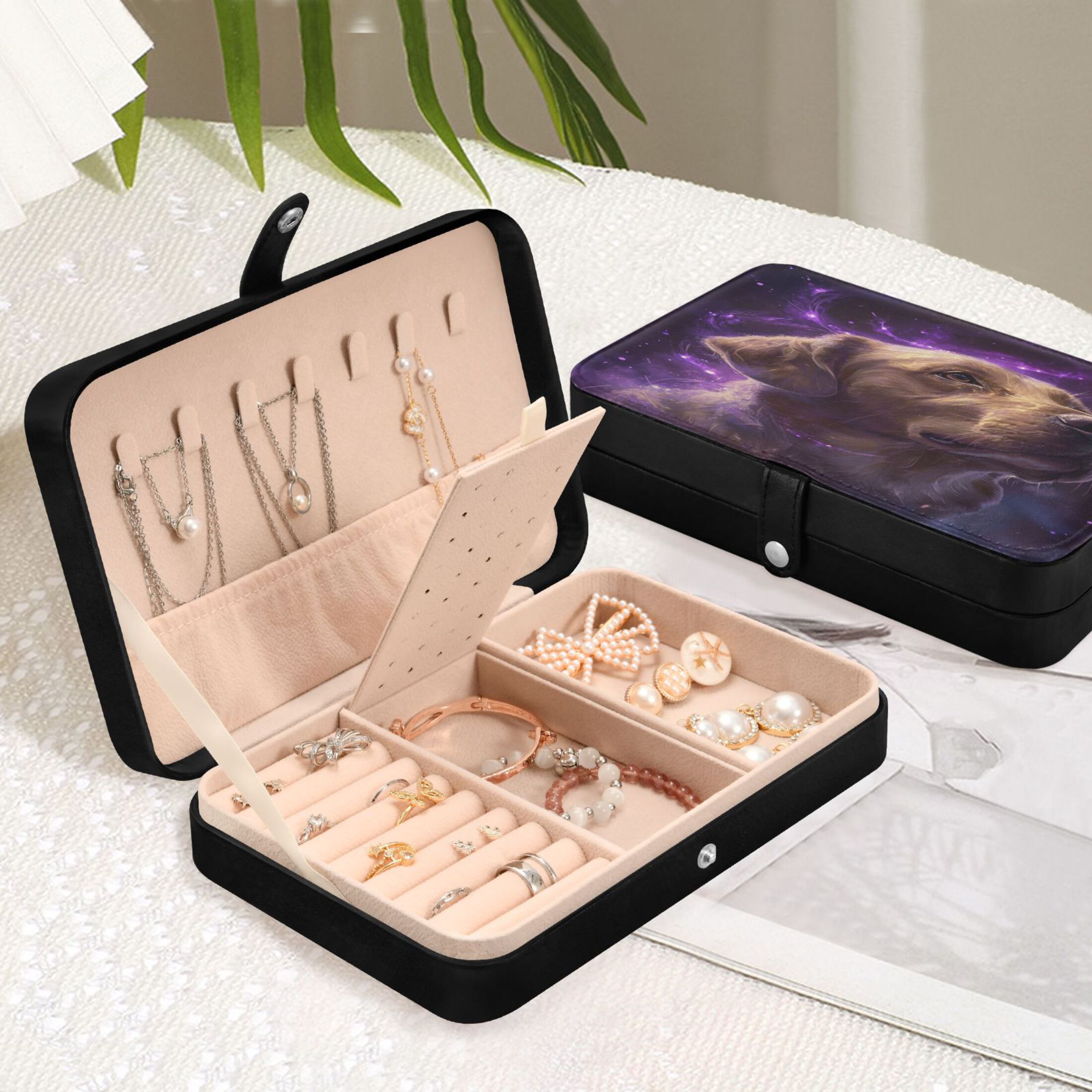 Leather Jewelry Box Rectangular 8.27x5.5x1.78In Travel Jewelry Storage Earrings Necklace Bracelet Watch Brooch Storage Purple Magic Dog