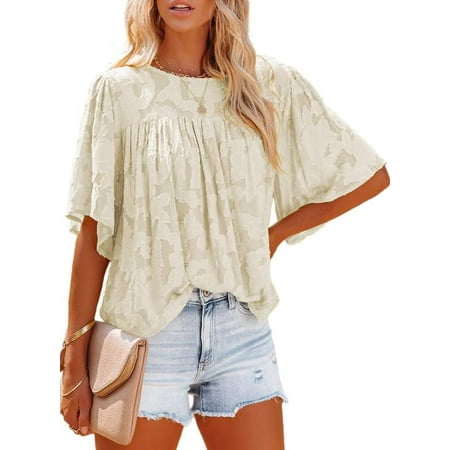 Womens 3/4 Bell Sleeve Blouse Summer Crewneck Lace Tops Floral Textured Babydoll Shirts