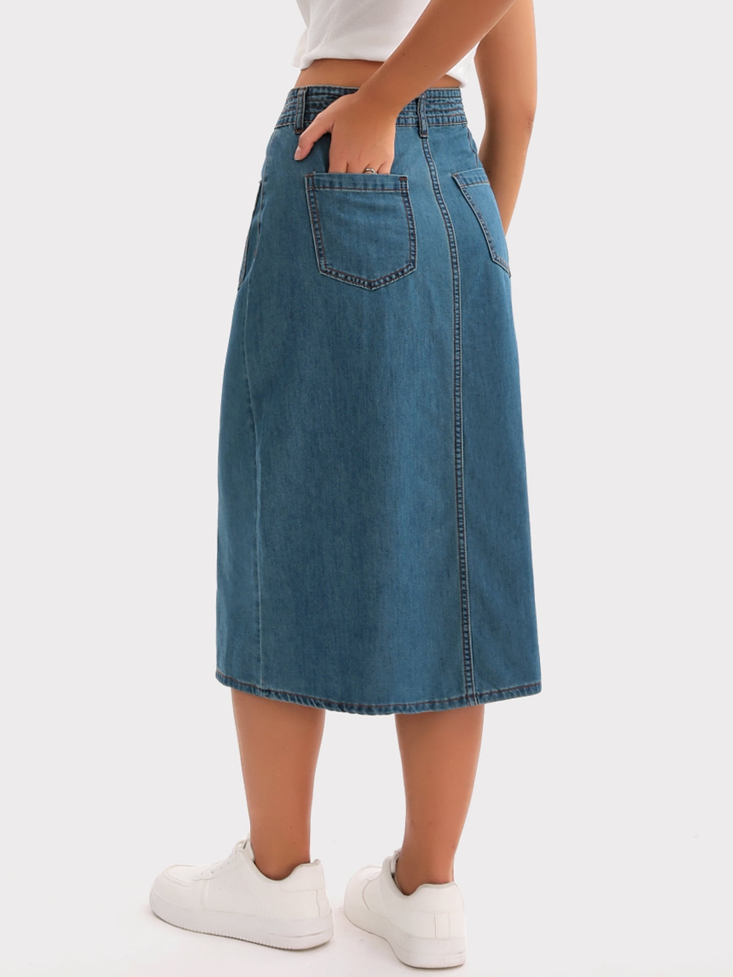 DARING DIVA Women's Slit Back Midi Denim Pencil Skirt with Pockets XL Retro Blue