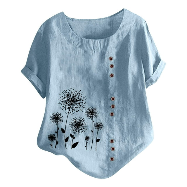 Women's Casual Blouses New Linen Short Sleeve Button with Round Neck Printed Tees for Ladies