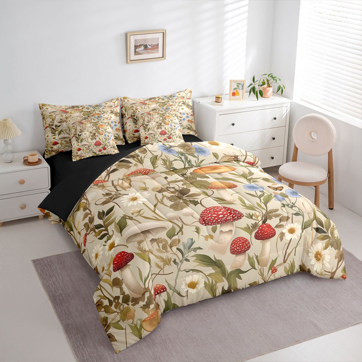 Homewish Cute Mushroom 7-Piece Twin Bedding Sets,Rustic Daisy Flower Bedding Comforter Set,Brown Red Sheet Sets For Adults,Microfiber Bedroom Decor Reversible