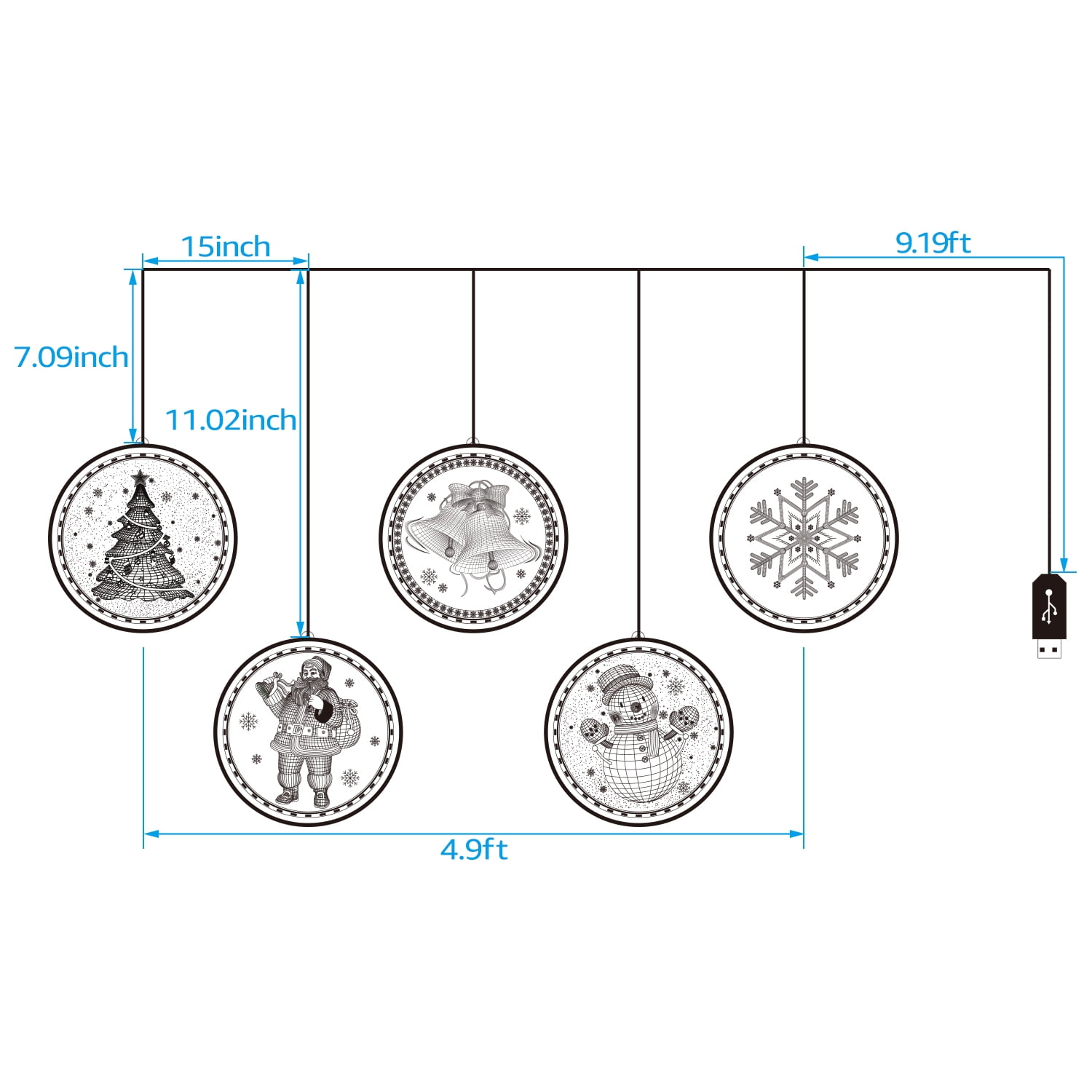 5 LED Christmas Decoration String Lights, 3D Christmas Ornaments, 4.9ft USB Powered Soft White Fairy Light