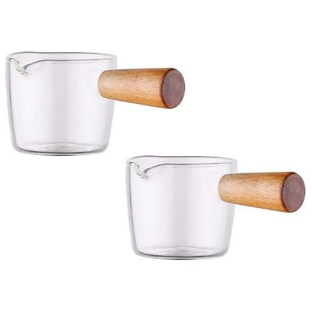 

2PCS Transparent Glass Creamer with Wooden Handle Mini Coffee Milk Creamer Pitcher. 50Ml