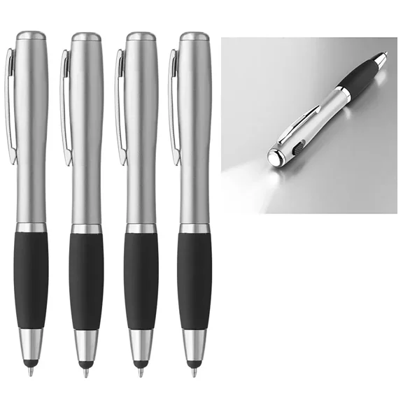 4X Silver 3-In-1 Capacitive Tip Stylus Ballpoint Pen Led Flashlight Rubber Grip