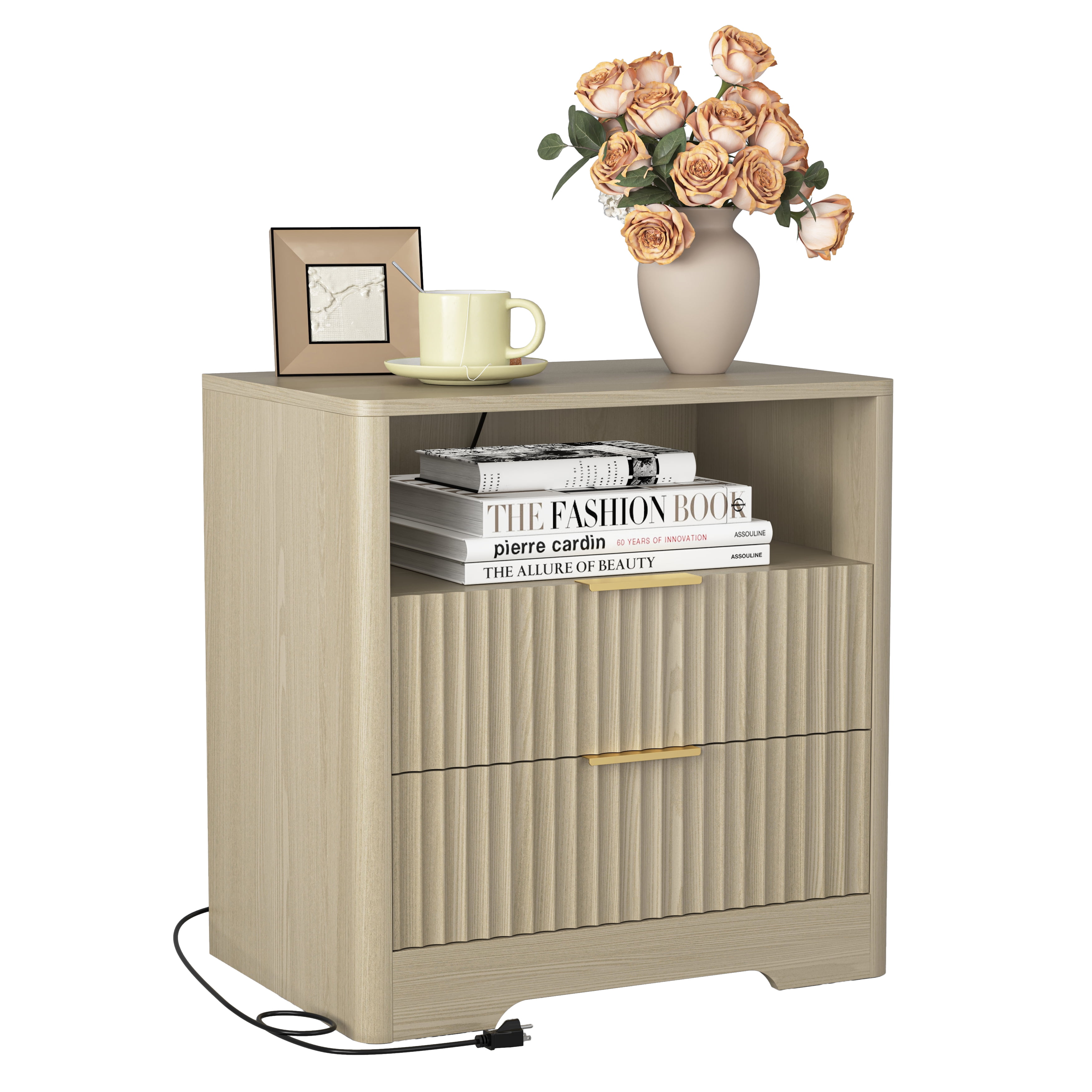 Nightstand with Charging Station, Smart Nightstand with Night Light,Bedside Tables with Storage Cabinet for Bedroom, Wood