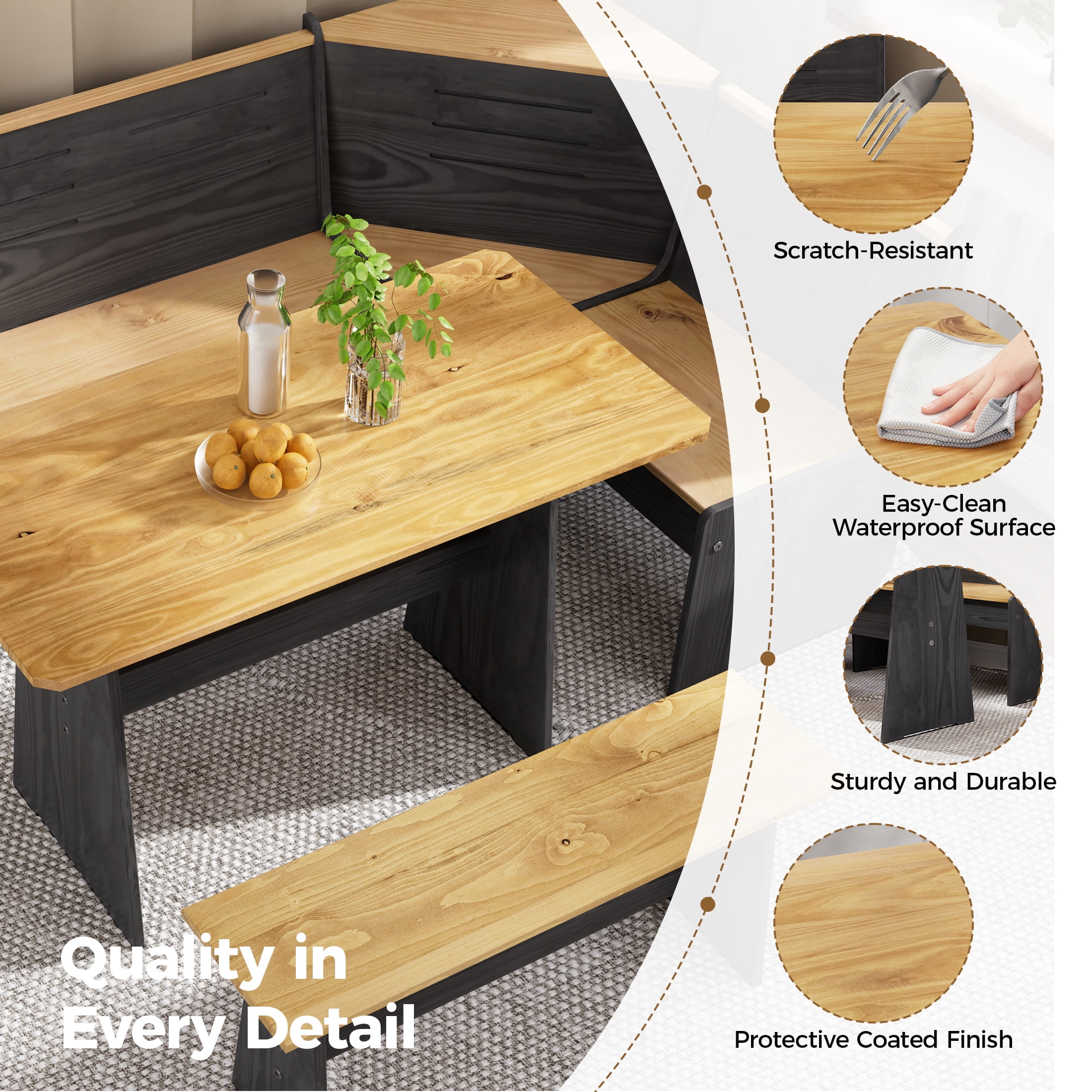 Nook Table Dining Room Sets for 3-5 with Bench,Breakfast Nook Kitchen Corner Dining Table Set, Farmhouse Corner Banquette Seating, Black/Oak