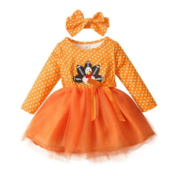 Bobora Toddler Baby Girl Halloween Party Dresses Kids Long Sleeve Pumpkin Animal Dress Skirts with Headband Outfits Sets Orange