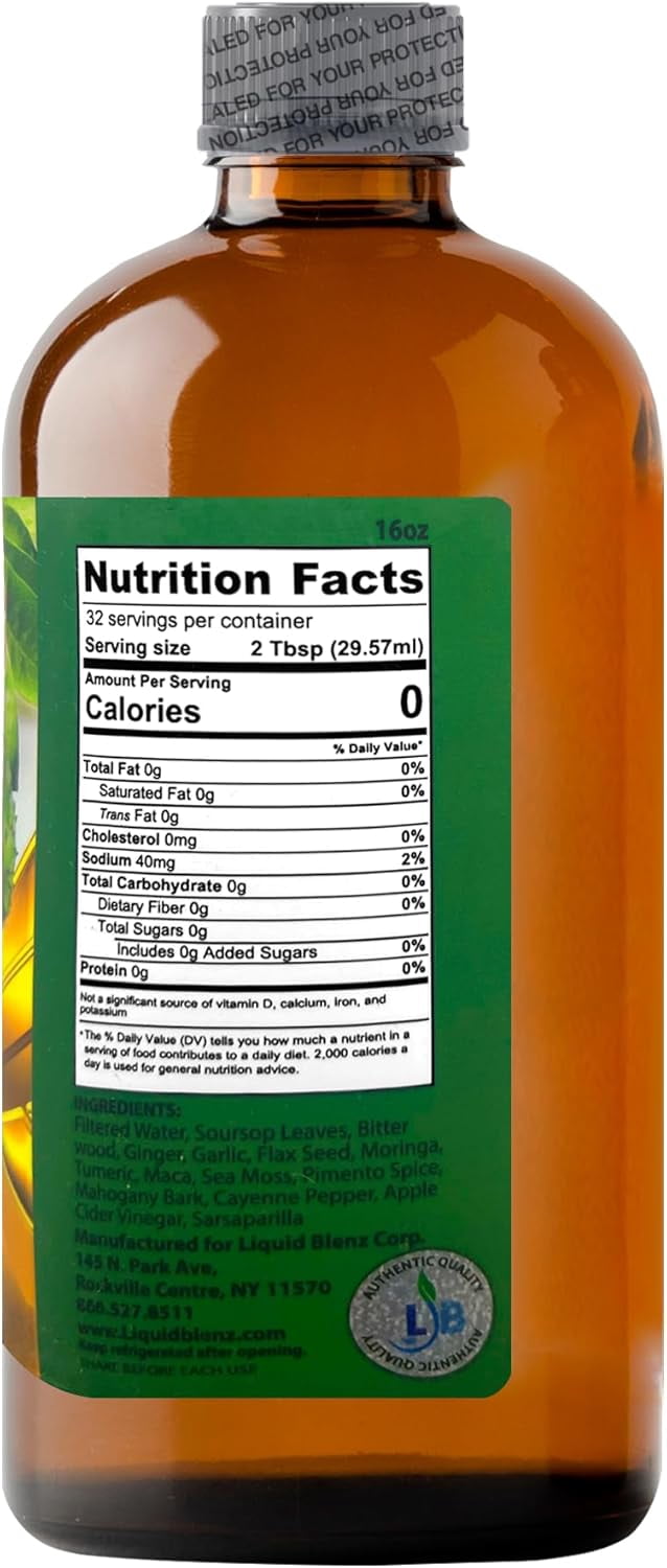 LIQUID BLENZ Pure Soursop Bitters with Moringa & Turmeric – Herbal Detox & Natural Energy Support, 16 fl oz