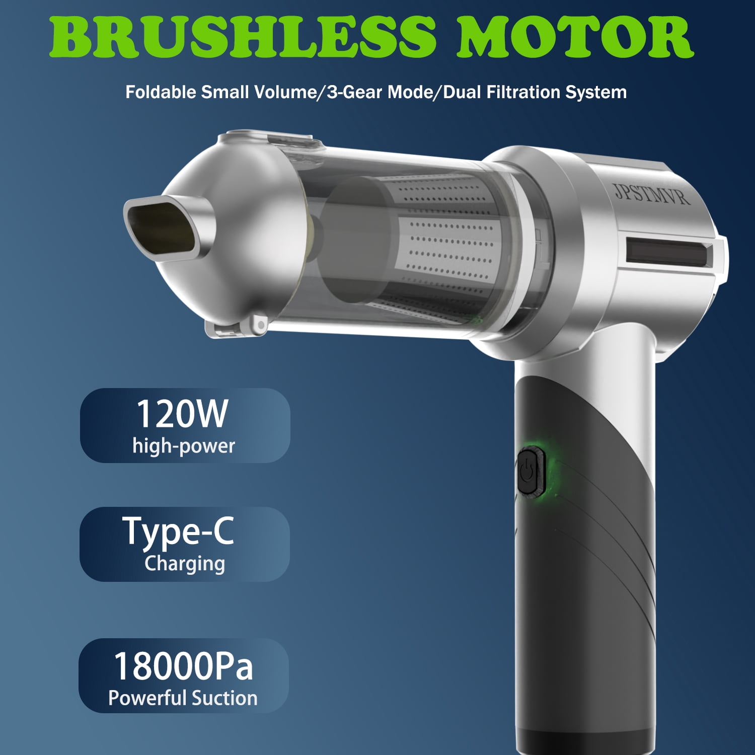 Car Vacuum Cleaner, 18000PA Vacuum Portable Cordless, 4 in 1 Air Duster with LED Light and Multi-Nozzles, 120W High Power Rechargeable Foldable Vacuum Cleaner for Home, Office, Pet
