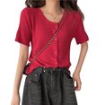 thumbnail image 4 of Camisa de mujer con botones, suéter de punto fino, camiseta informal de manga corta suave, rojo Speravity AP001278-03B, 4 of 7