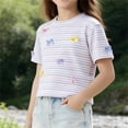 thumbnail image 2 of Vornjynx Girls Cotton T-Shirt Strip Print Crew Neck Trendy Bowknot Casual Summer Cute Tee Purple Size 5-6, 2 of 10
