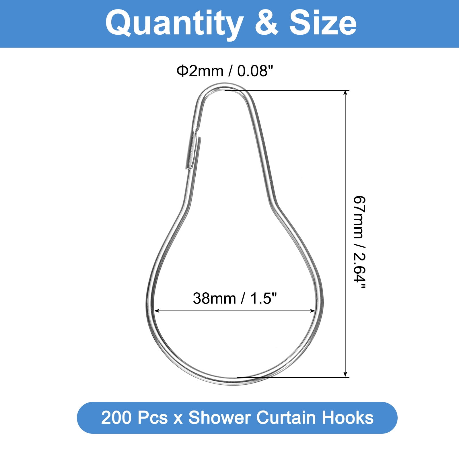 Uxcell 200Pcs Silver Shower Curtain Hooks, Rust Proof Metal Shower Curtain Rings Curtain Hangers for Bathroom Bedroom Kitchen Home Curtain Applications