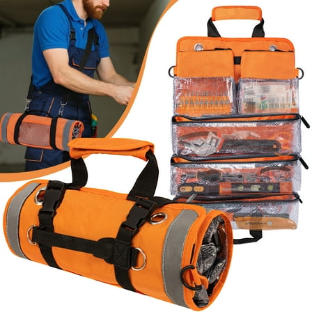 STARWAL Heavy Duty Tool Roll Up Bag - Orange Portable Organizer w/ 3 2 Clear Compartments & 2 Detachable Pouches, Foldable Storage Toolbag