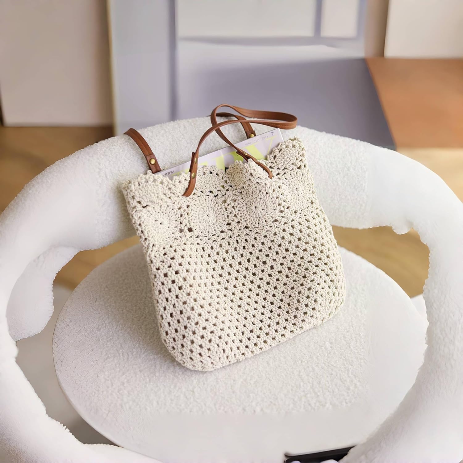 Crochet Tote Bag Handwoven Cotton Beach Shoulder Bag with Linen Lining Hobo Summer Vacation Purse for Women (Off-White)