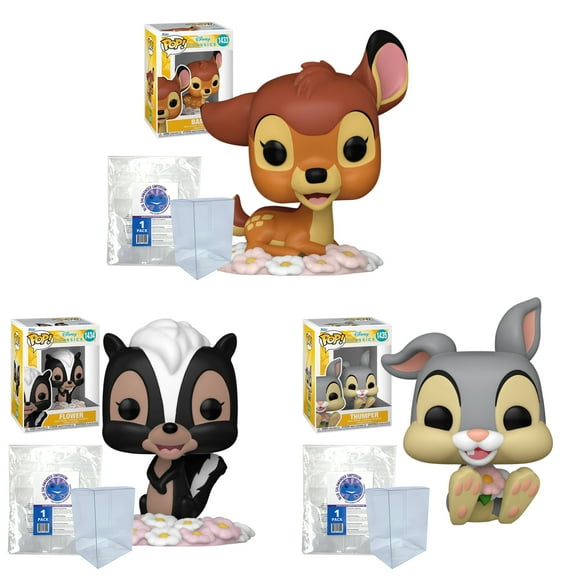 Bambi Set of 3 Funko Pops - Includes Bambi #1433, Flower #1434, Thumper #1435   3 Plastic Protective Cases