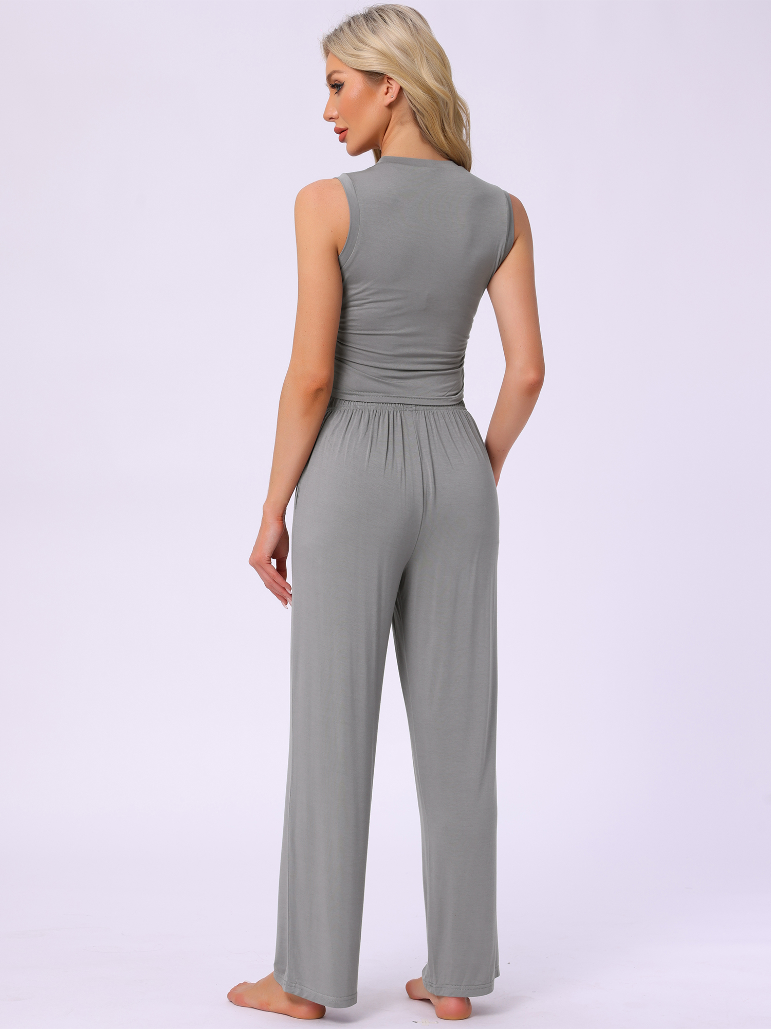 DARING DIVA LoungeStretchy Side Ruched Crop Top Tank Pajama Set M Grey