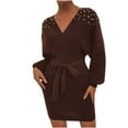 thumbnail image 2 of Pisexur Robe à Manches Longues à Col en V Robe à Manches Longues à Col en V pour Femme Robe Unie en Tricot Robe à Manches Longues à Col en V Robe pour Femme, 2 of 3